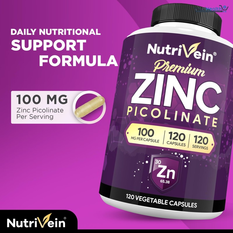 Nutrivein Premium Zinc Picolinate 100 Mg Per Serving - 120 Capsules - Boosts Immune Support, Sleep & Energy