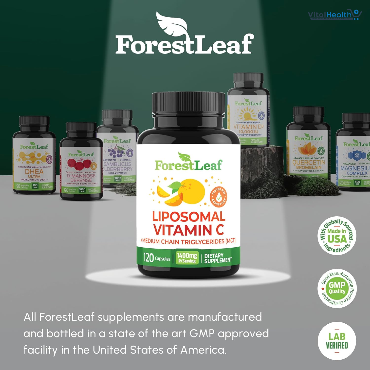 ForestLeaf Liposomal Vitamin C 1400mg Capsules |  High Dose Vitamin C Liposomal Supplement w Coconut Oil Fatty Acids | 120 Vegan Cap