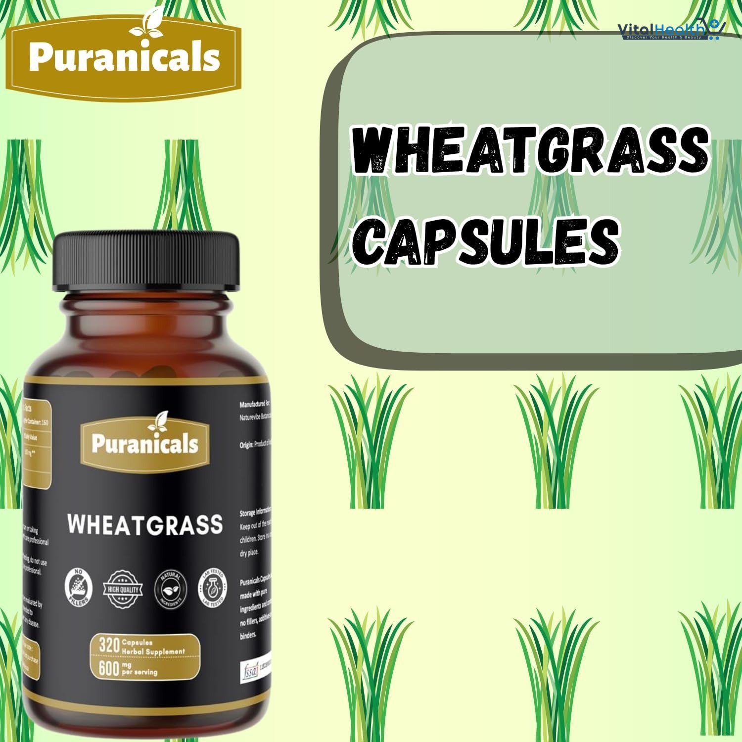 Puranicals Wheatgrass Premium 960 Capsules Non-GMO and Gluten Free | Herbal Supplement | 600 mg Per Serving | Made with 100% Herb Wheat Grass