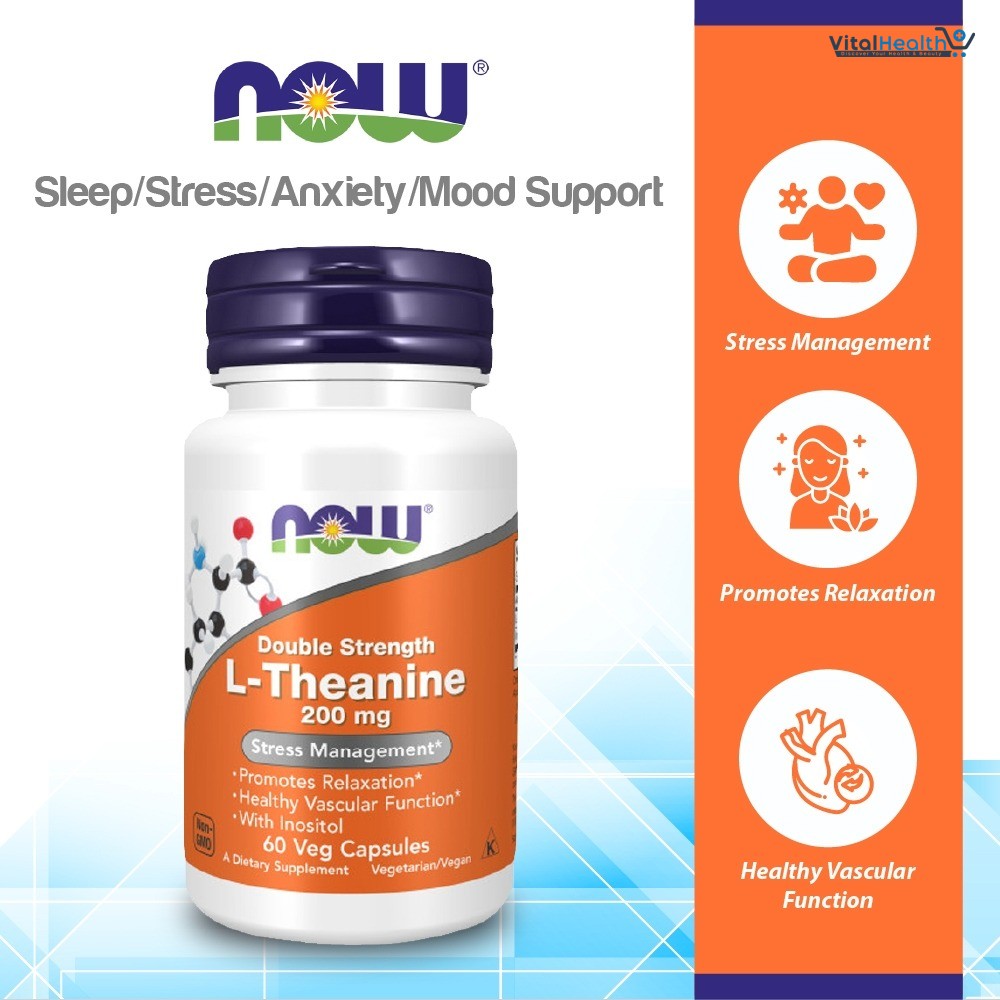 NOW Foods Supplements, L-Theanine 200 mg with Inositol, Stress Management 60 Veg Capsules
