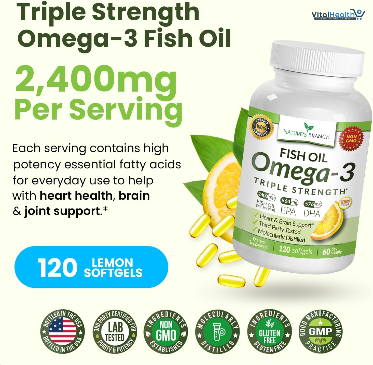 Triple Strength Omega 3 Fish Oil Supplements 2400mg | 180 Capsules, Burpless High Potency Lemon Flavor, High EPA DHA for Men & Women